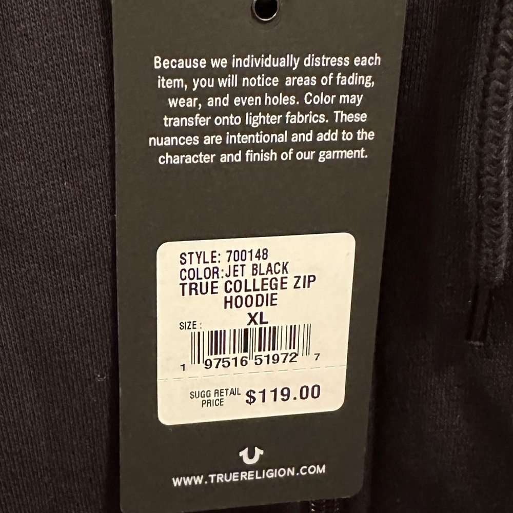 True Religion NWT Men’s College zip black hoodie.  Size XL - Picture 4 of 5